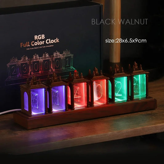 Atmosphere Lamp Clock Timer Gift, Digital  LED Nixie Tube RGB Glow Tube Clock, Walnut Wood Night Light